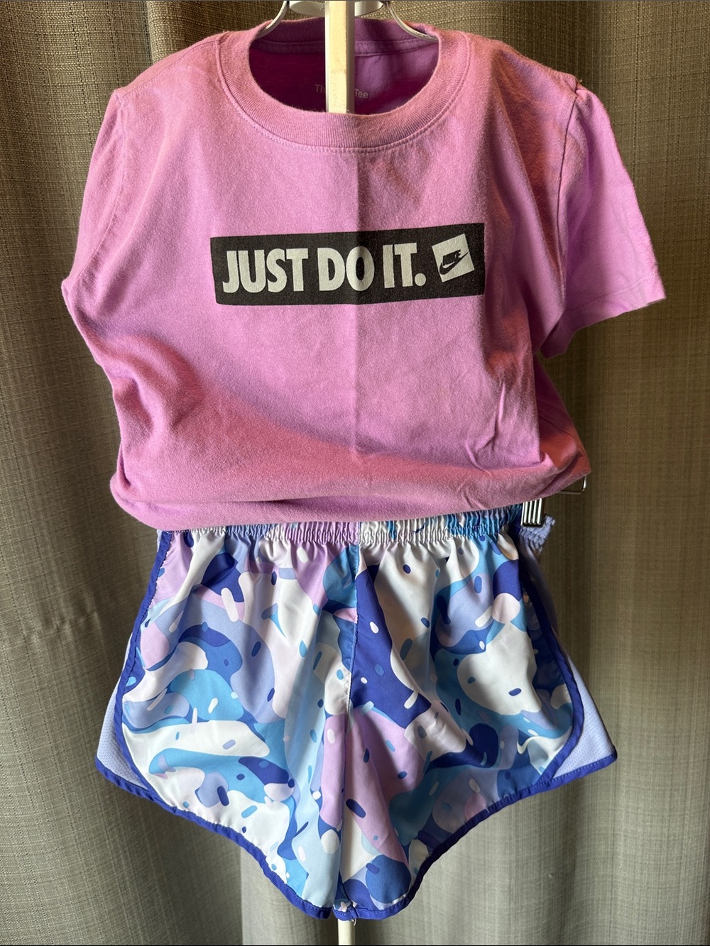 Nike Pink "Just Do It" Tee with Blue & Purple Camo Shorts Kids Matching Set